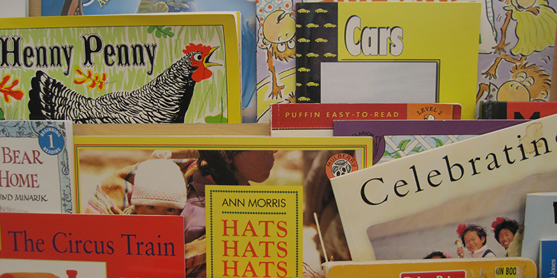 Close-up of children's books in early childhood education classroom.