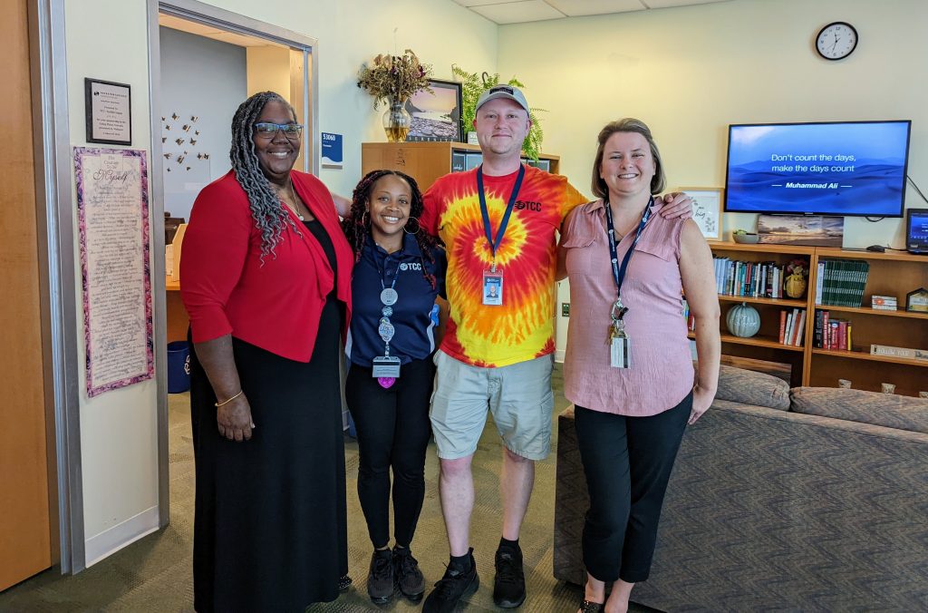 TCC staffers are ready to help you! Shown here: Mel Scott (SREC), Talesha Smith (The Community Feed), Charles Thompson (Student Center) and Crystal Kirby (Open Door Project).